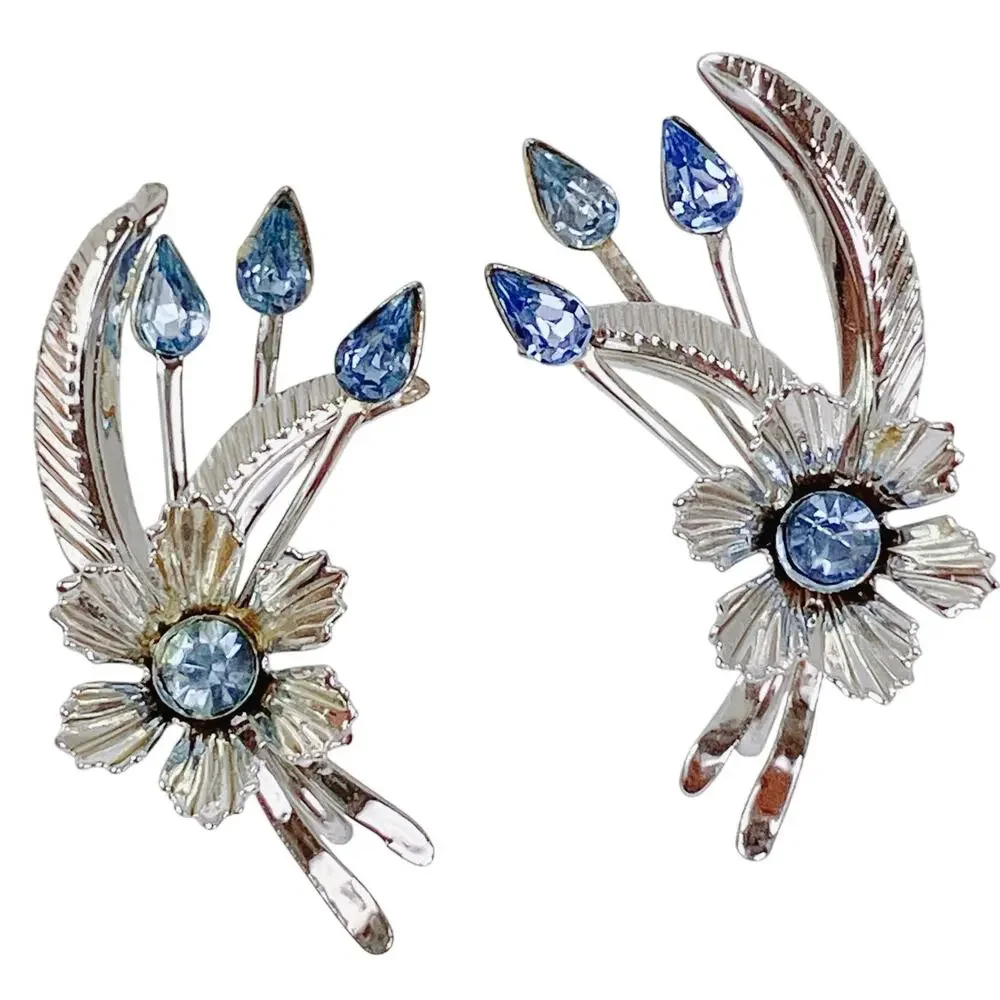 Vintage Mid Century Floral Spray Earrings Silver Tone Blue Rhinestone Screwback